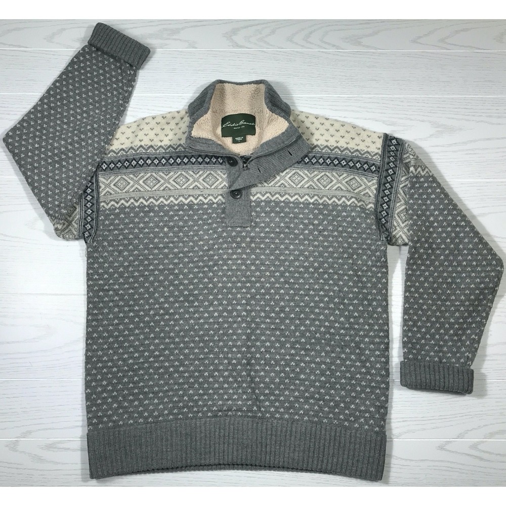Eddie Bauer Merino Wool Sweater Men L Gray Fair Isle 1/4 Zip Button Classic Dad